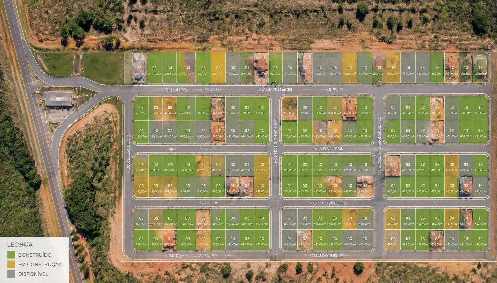 Loteamento com sobreposição do mapa urbanístico e identificação dos lotes construídos